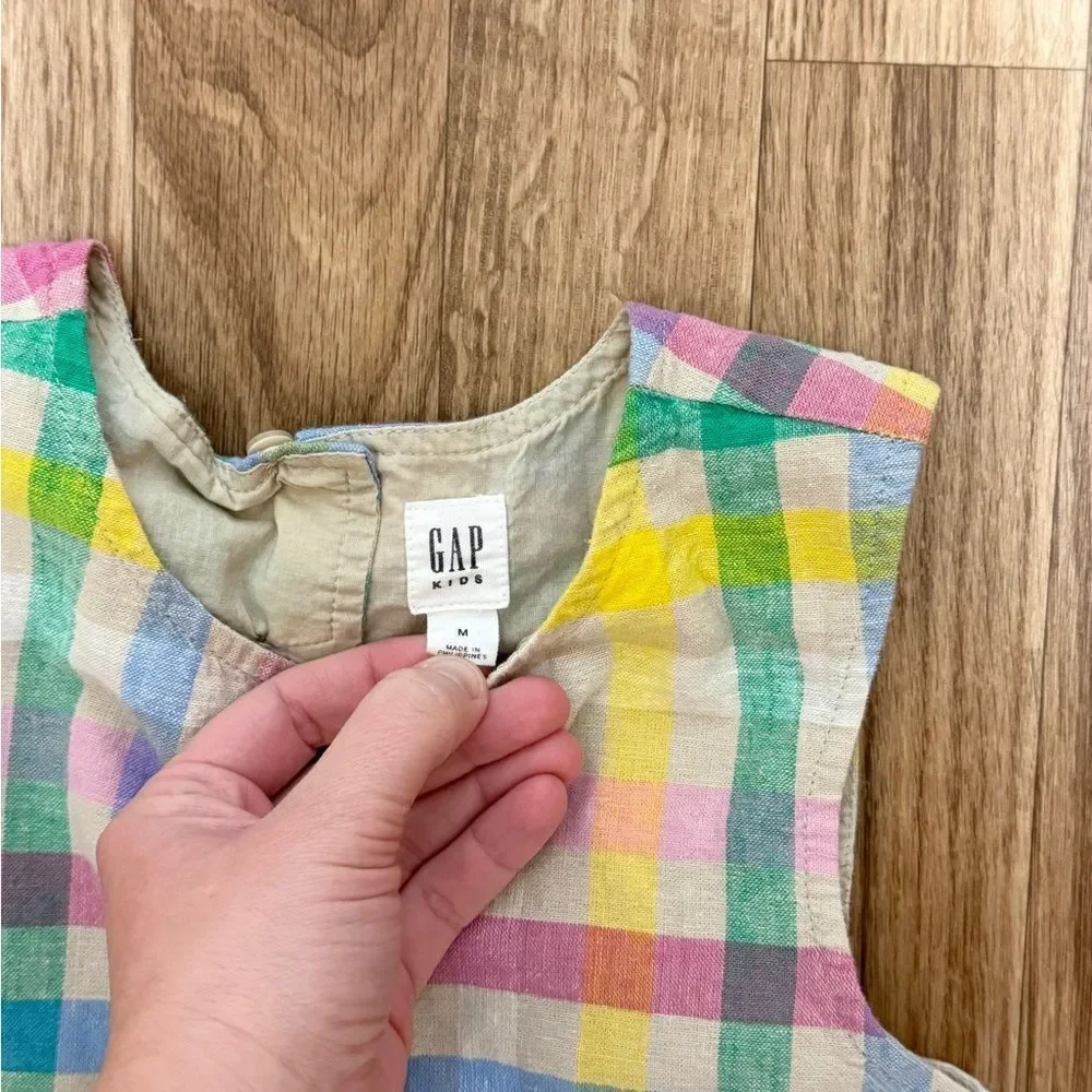 Gap Kids Rainbow Plaid Linen‎ Blend Sleeveless Dress Cutout Back Girls Size M 8